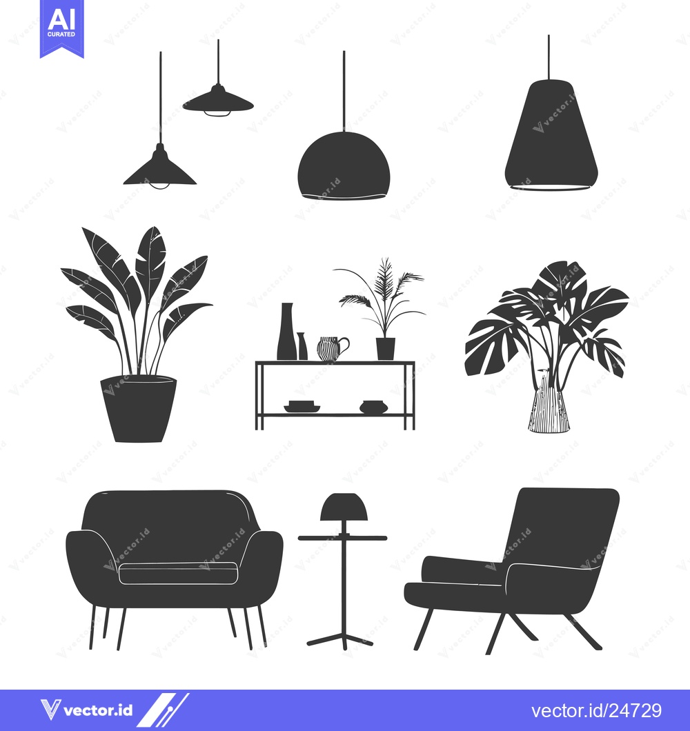 Premium Vector of Black and White Interior Design Elements with Hanging Lights, Plants,