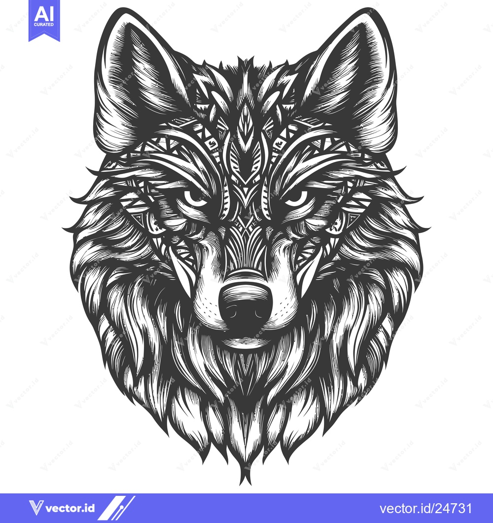 Premium Vector dari Black and White Intricate Geometric Pattern Wolf Head