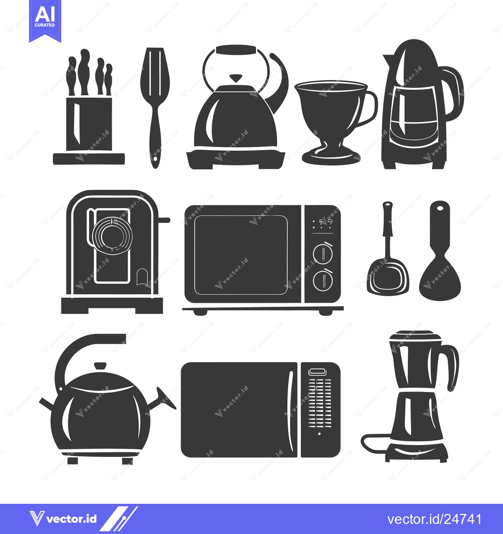 Premium Vector dari Black and White Kitchen Appliances and Utensils Icon Set