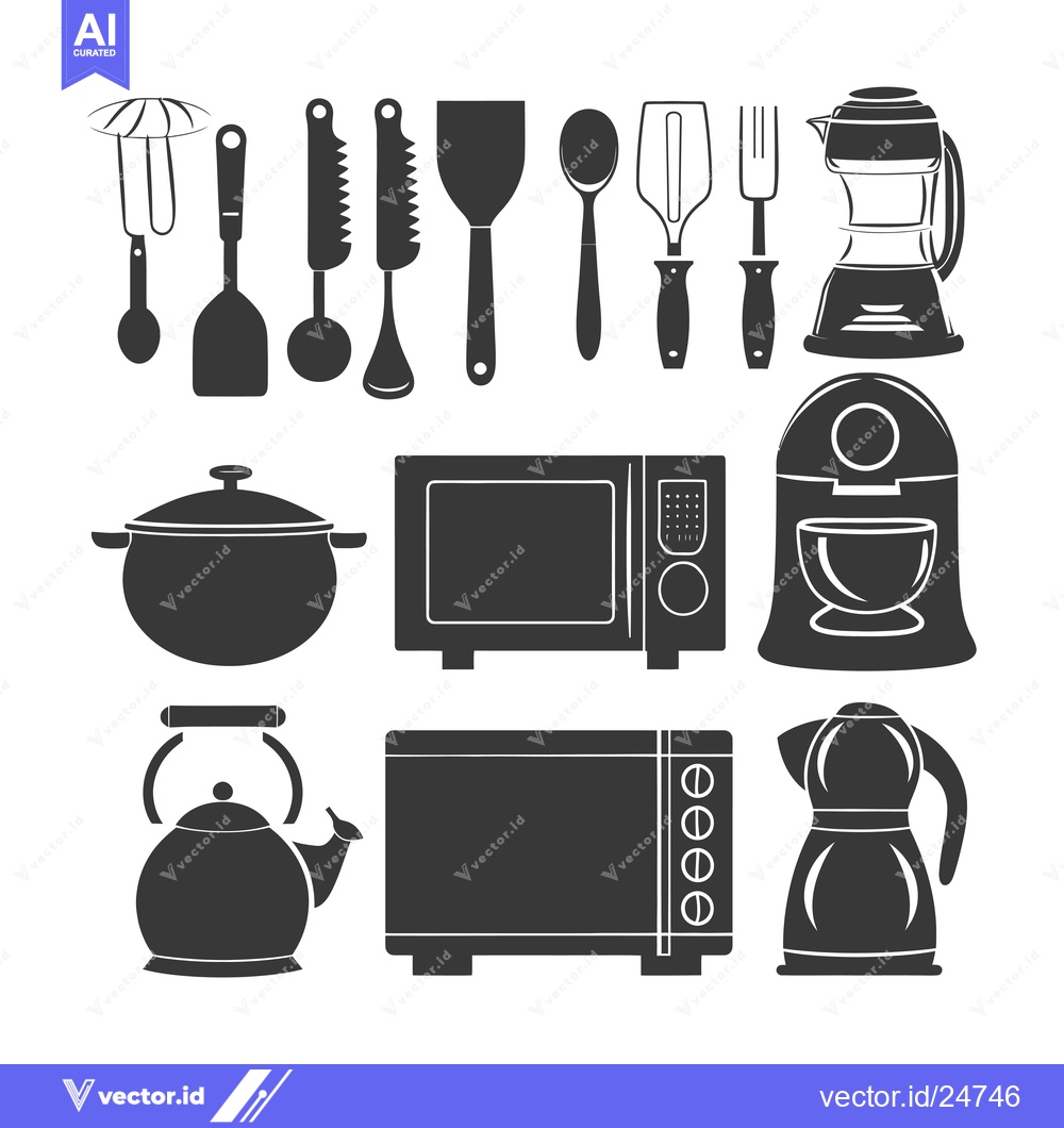 Premium Vector dari Black and White Kitchen Utensil and Appliance Icons