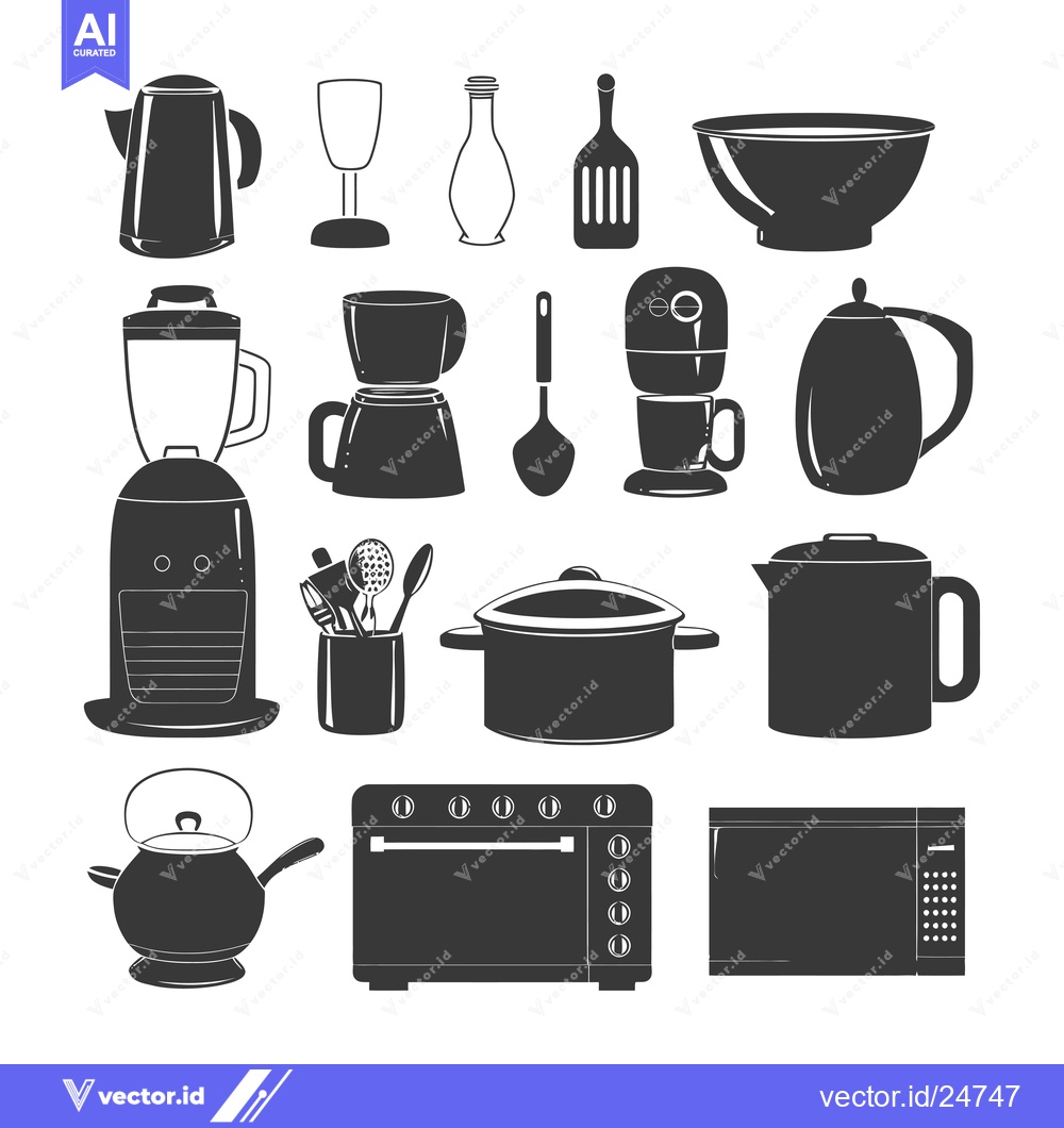 Premium Vector dari Black and White Kitchen Utensils and Appliances Icons