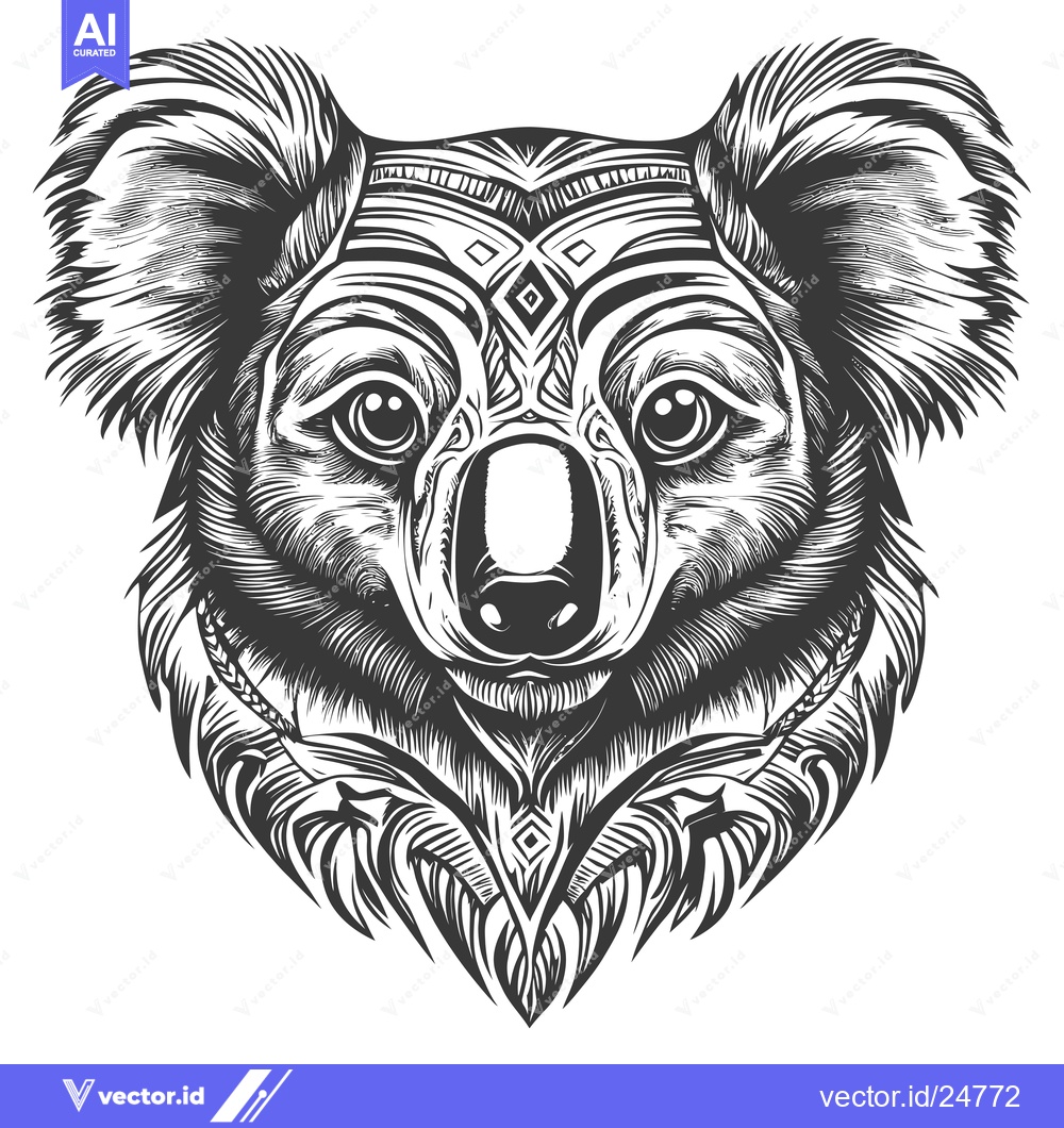 Premium Vector dari Black and White Line Art Drawing of a Koala with Tribal Pattern