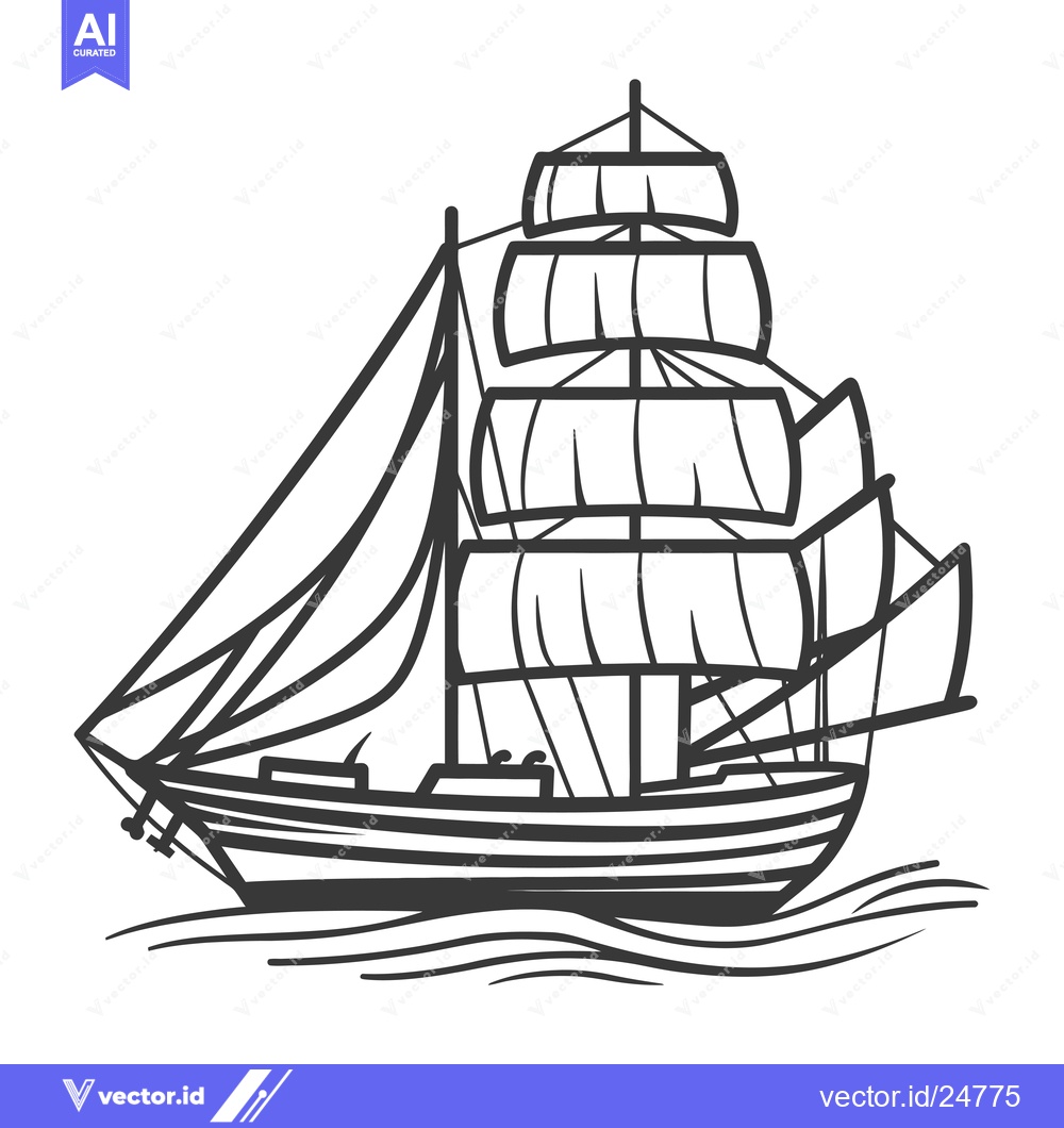 Premium Vector of Black and white line art drawing of a sailboat with multiple sails