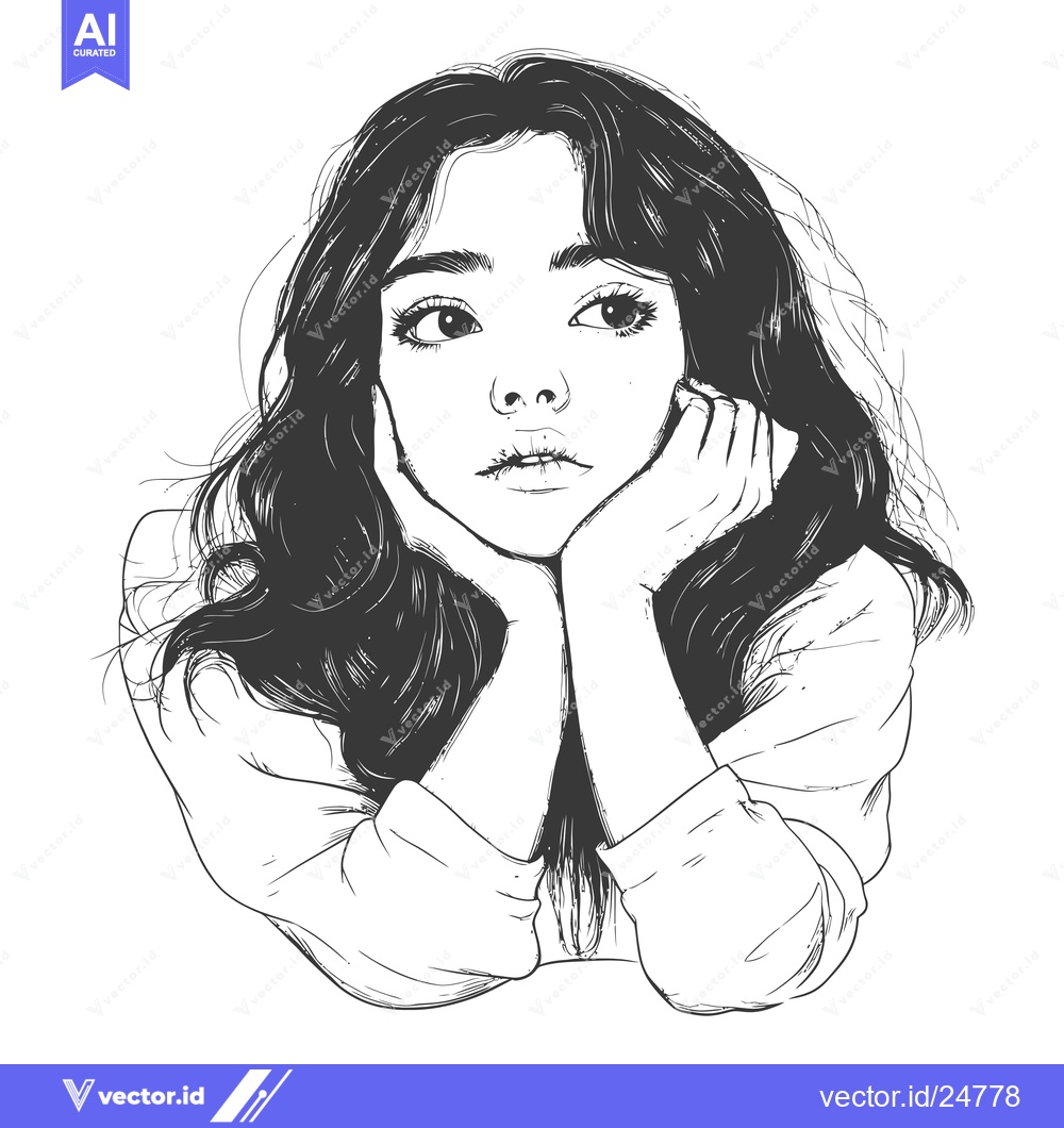 Premium Vector dari Black and White Line Art Drawing of a Young Woman with Long Hair, Look