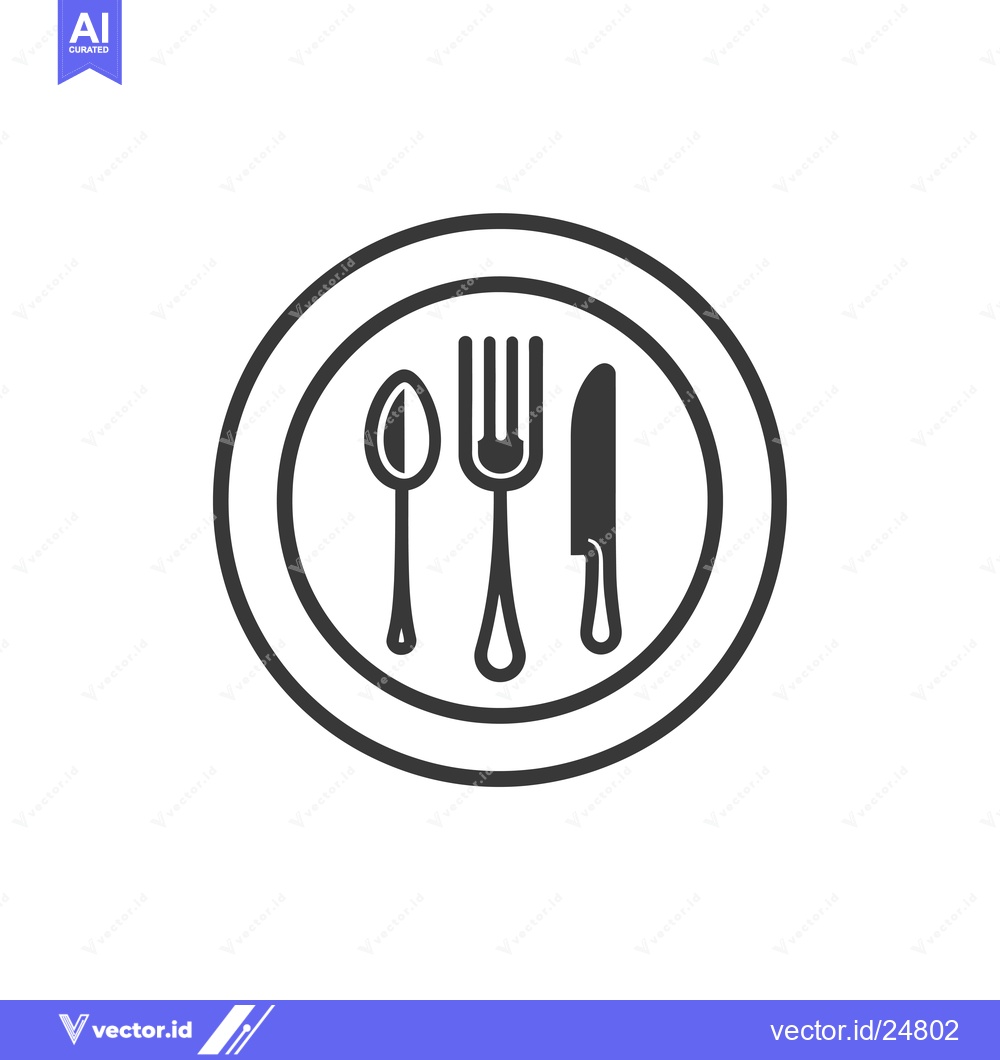 Premium Vector of Black and white line art icon of a plate, fork, knife, and spoon