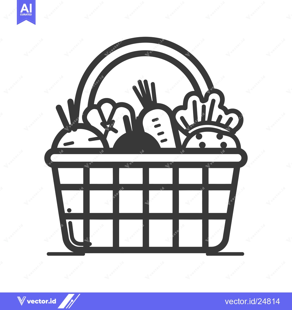 Premium Vector of Black and white line art illustration of a basket of vegetables