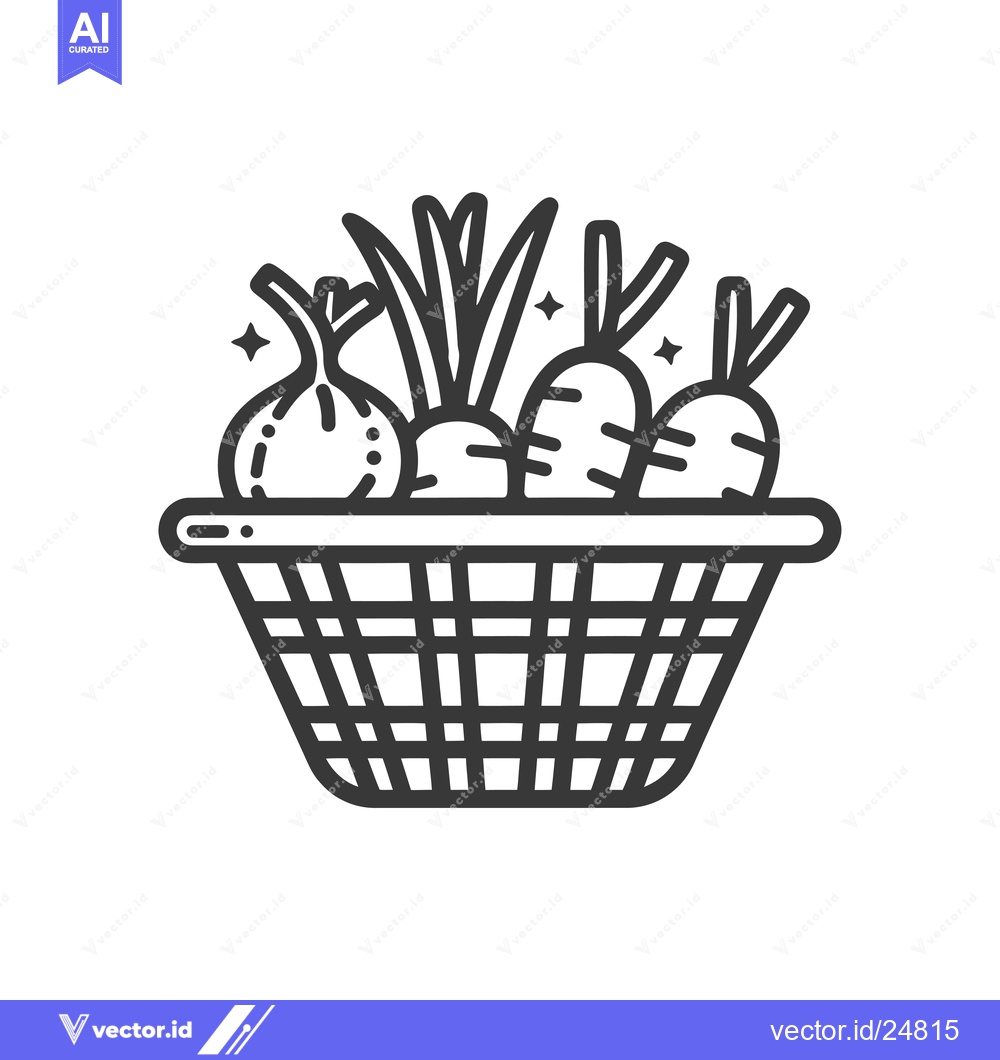 Premium Vector of Black and white line art illustration of a basket of vegetables