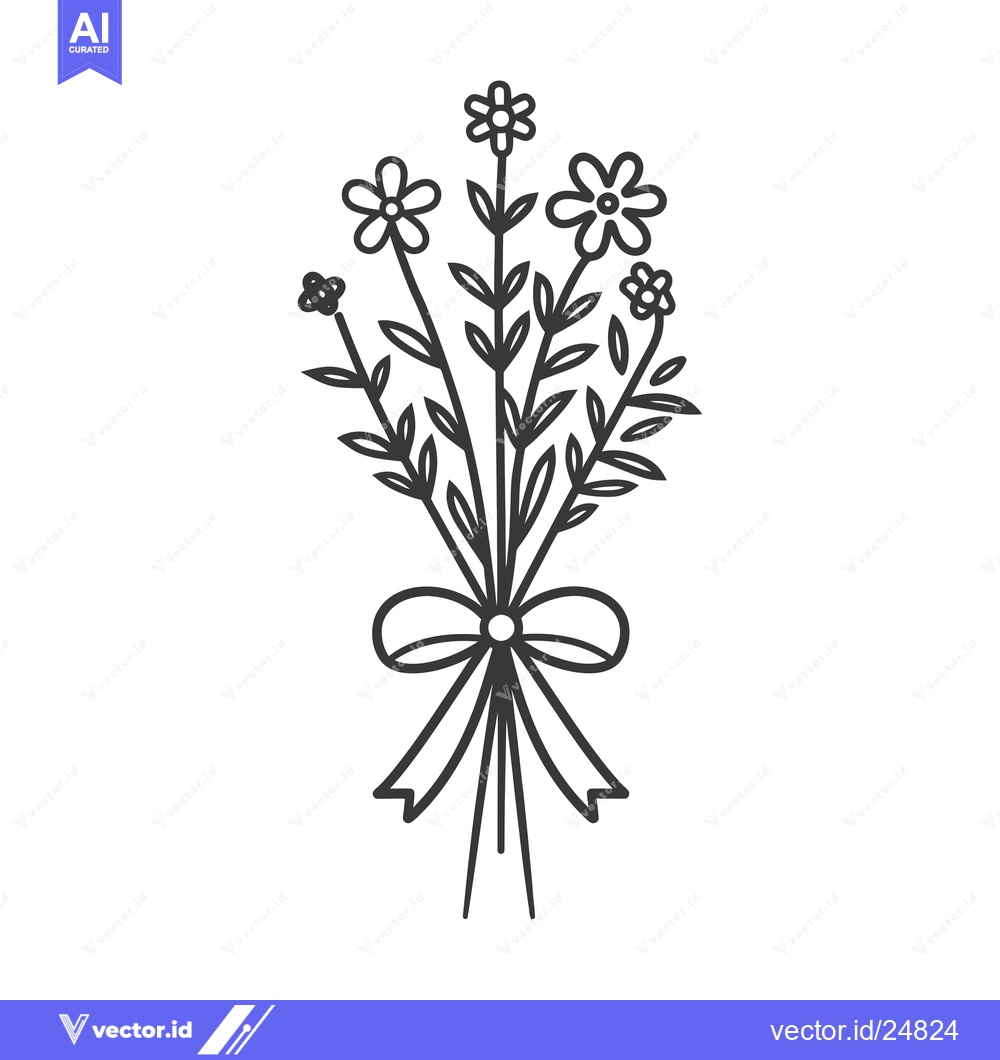 Premium Vector of Black and White Line Art Illustration of a Bouquet of Flowers Tied wit