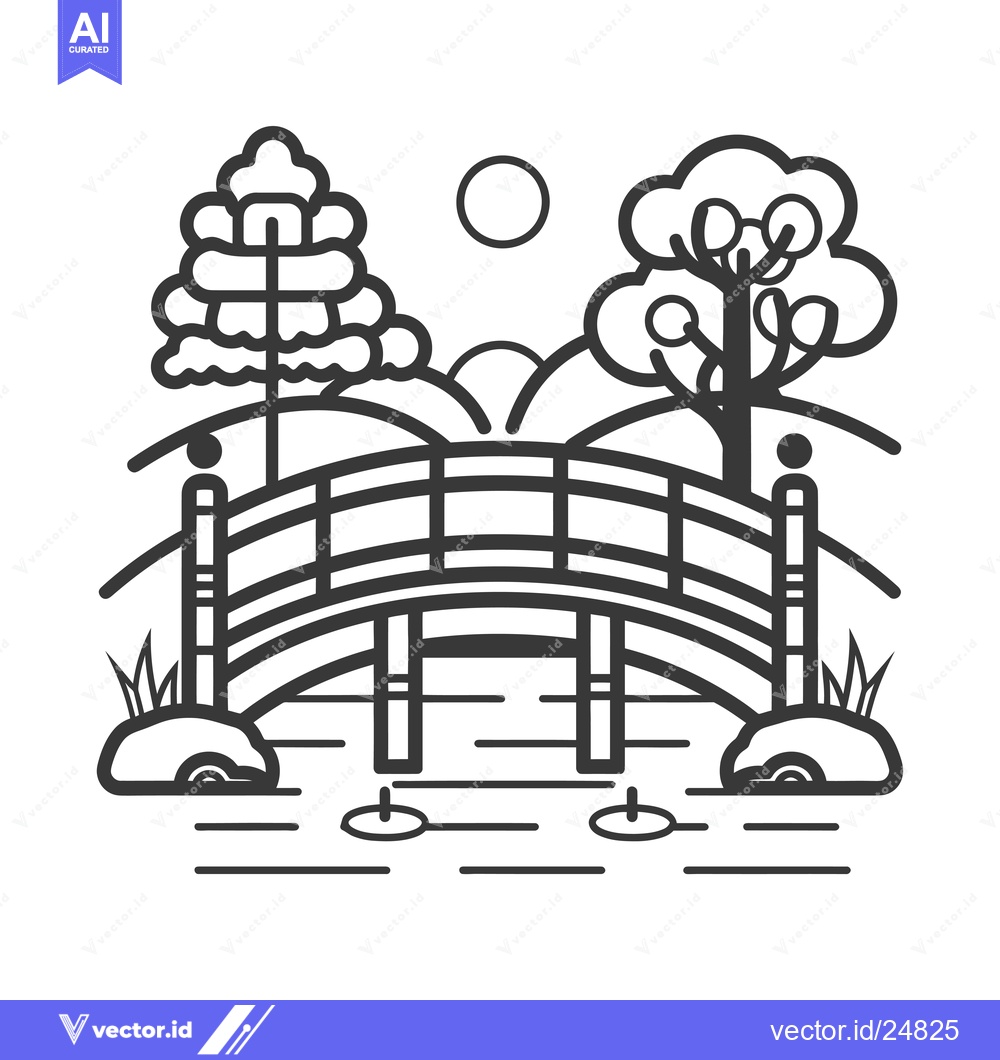 Premium Vector dari Black and White Line Art Illustration of a Bridge in a Landscape with