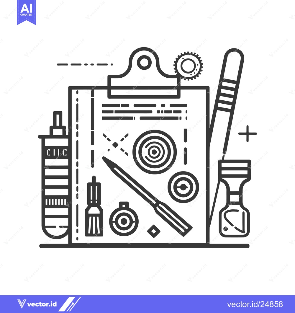 Premium Vector of Black and white line art illustration of a clipboard, tools, and other