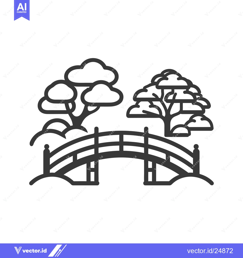 Premium Vector of Black and White Line Art Illustration of a Curved Bridge with Two Tree