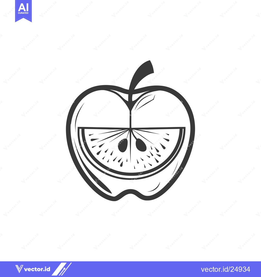 Premium Vector of Black and White Line Art Illustration of a Halved Apple