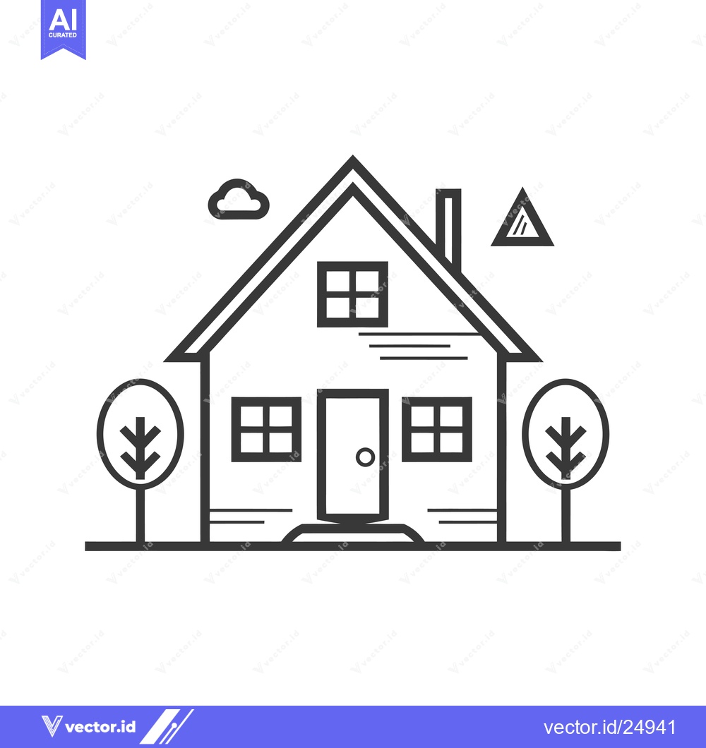 Premium Vector dari Black and White Line Art Illustration of a House with Trees