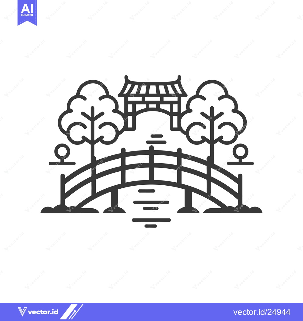 Premium Vector of Black and white line art illustration of a Japanese garden with a brid