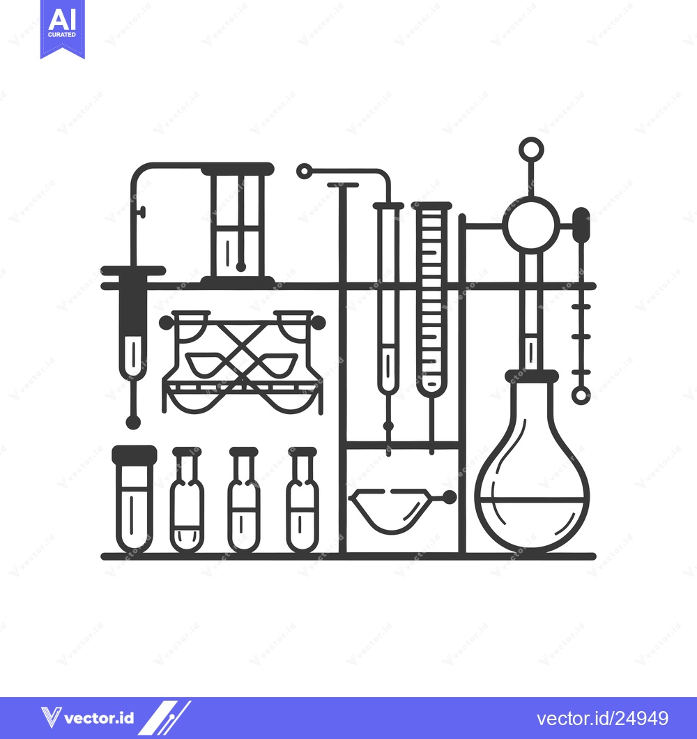 Premium Vector dari Black and white line art illustration of a laboratory with beakers, fl