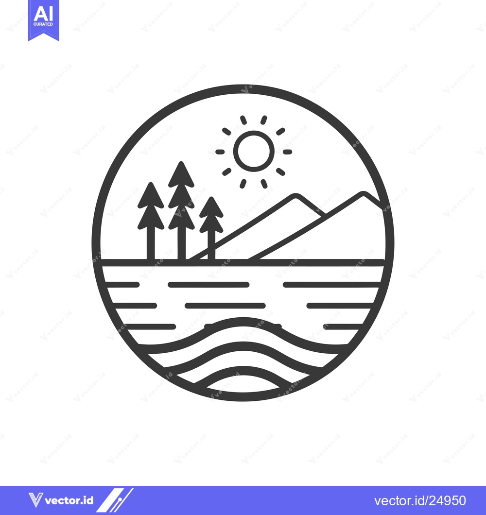 Premium Vector dari Black and White Line Art Illustration of a Landscape with a Sun, Mount