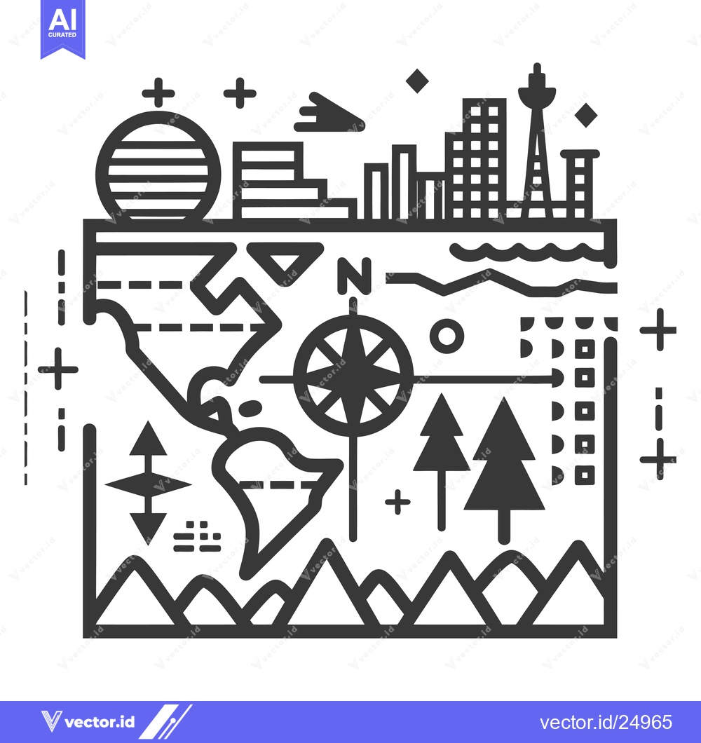 Premium Vector of Black and white line art illustration of a map with various landmarks