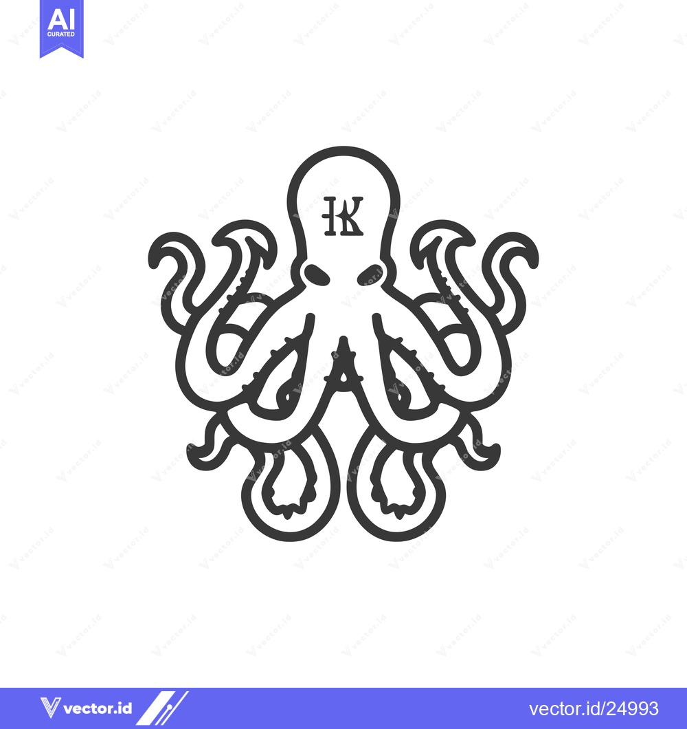 Premium Vector of Black and White Line Art Illustration of an Octopus with "HK" Initials