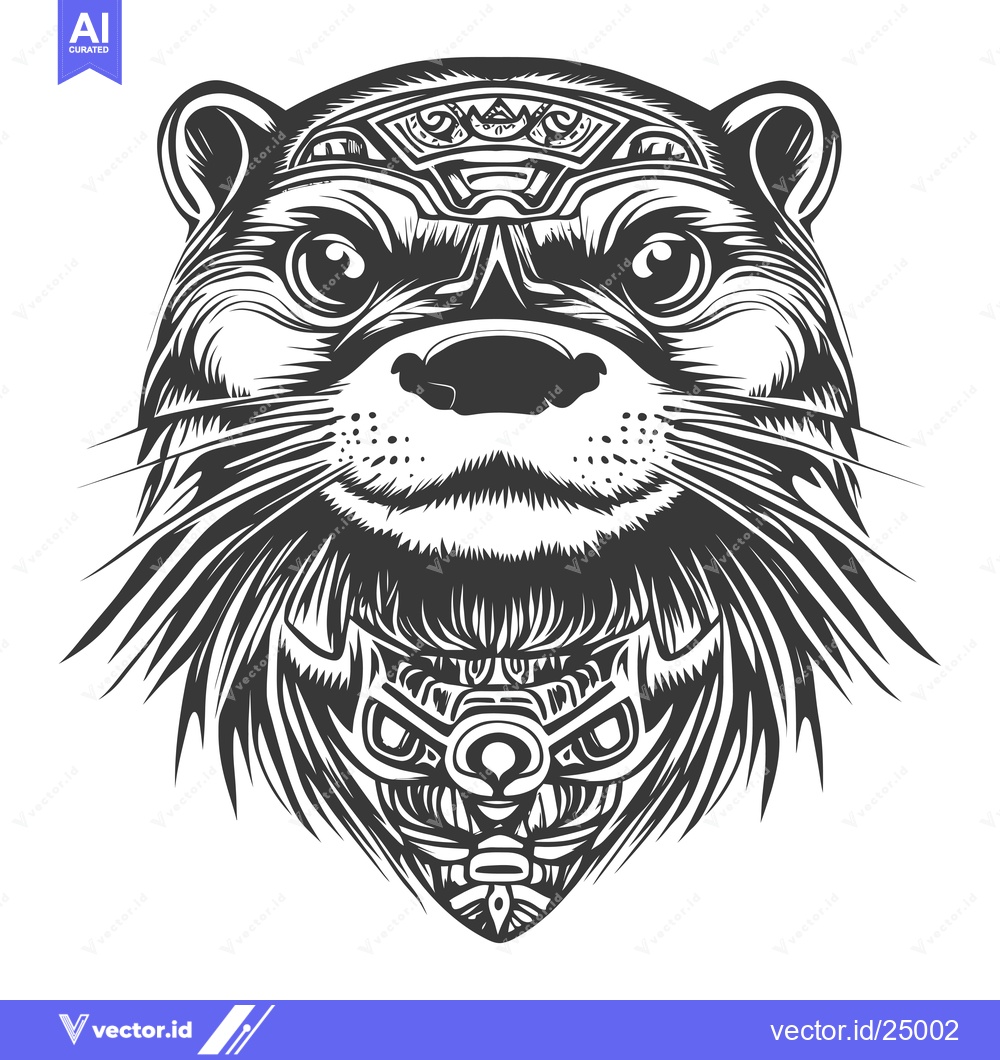 Premium Vector of Black and White Line Art Illustration of an Otter's Face