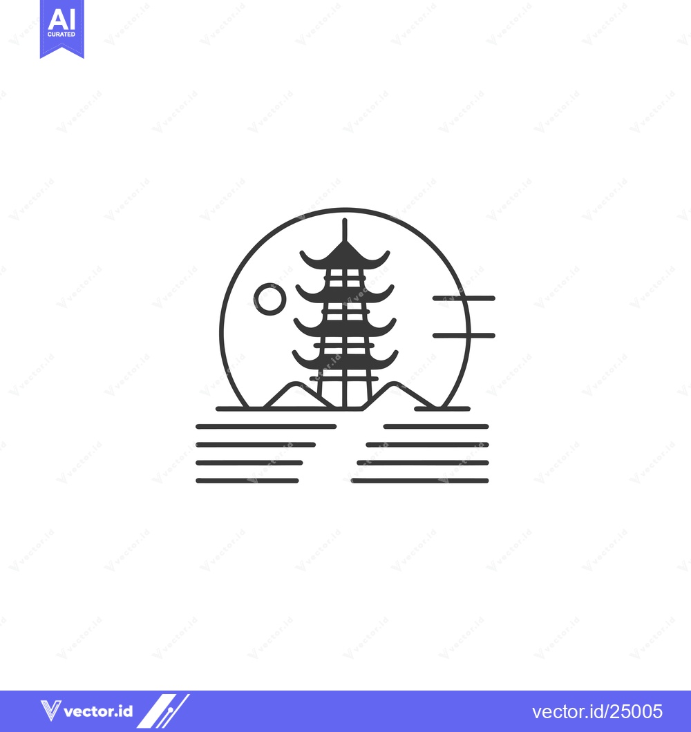 Premium Vector dari Black and White Line Art Illustration of a Pagoda with a Circle and Mo