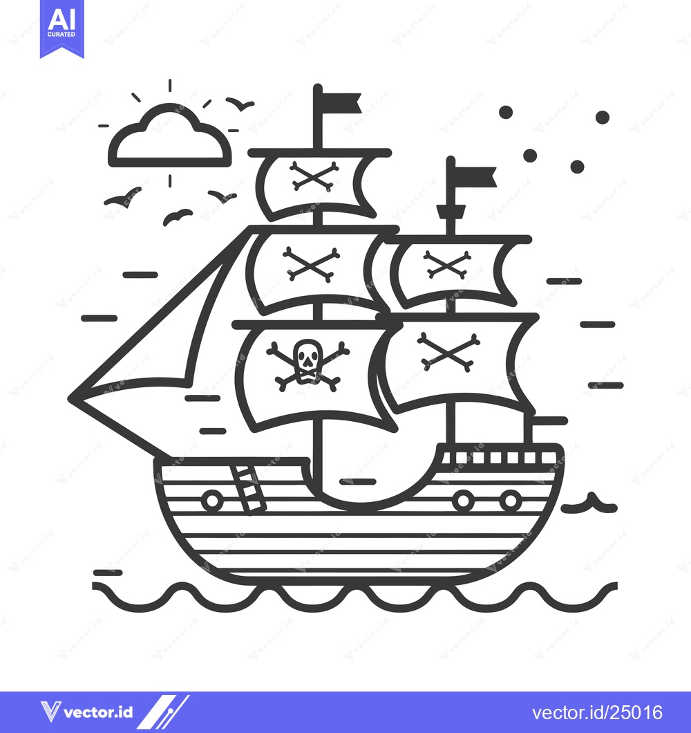 Premium Vector of Black and white line art illustration of a pirate ship sailing on the