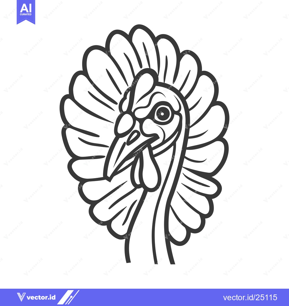 Premium Vector of Black and White Line Art Illustration of a Turkey Head with Feathers