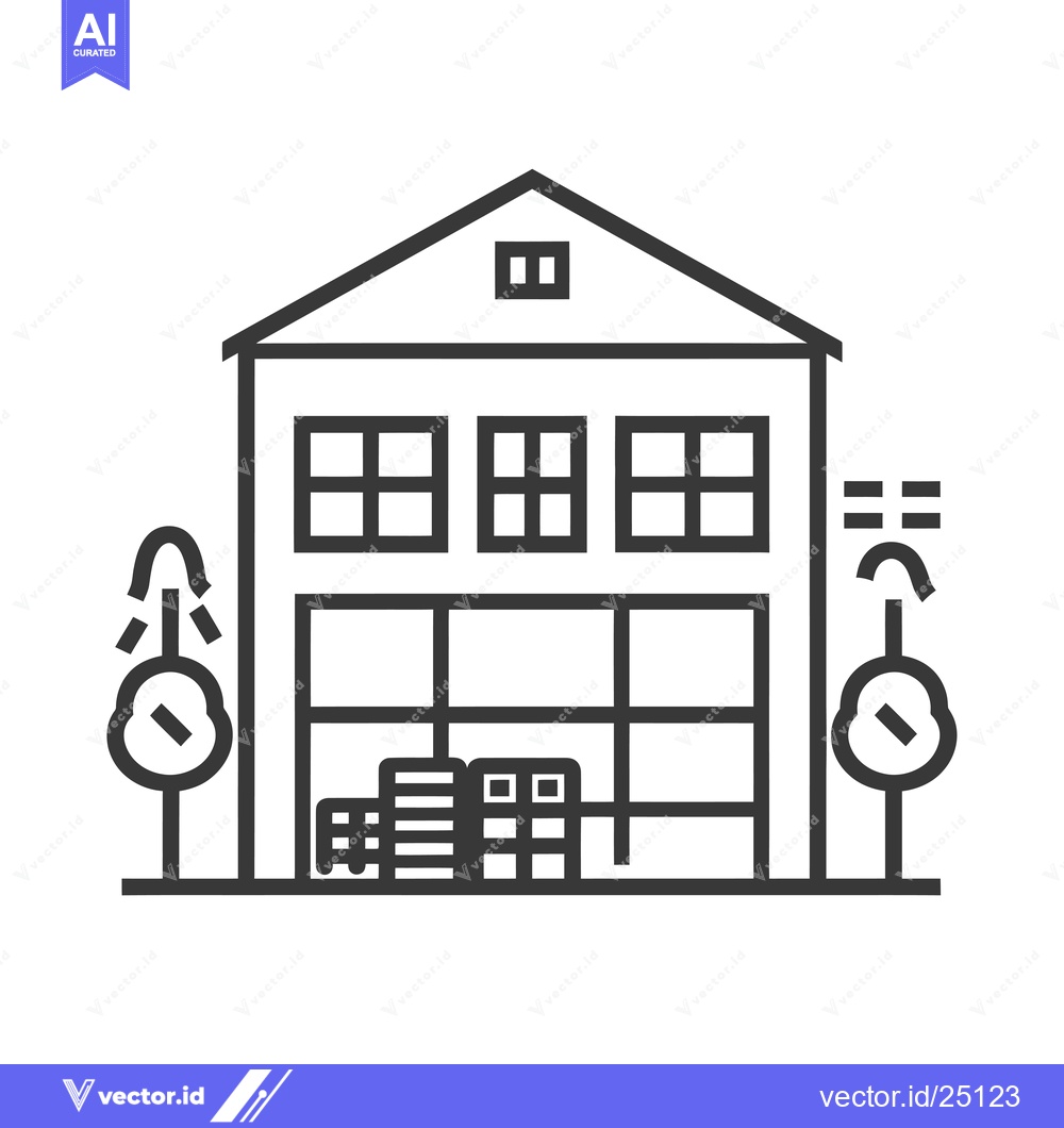 Premium Vector of Black and white line art illustration of a warehouse building with doo