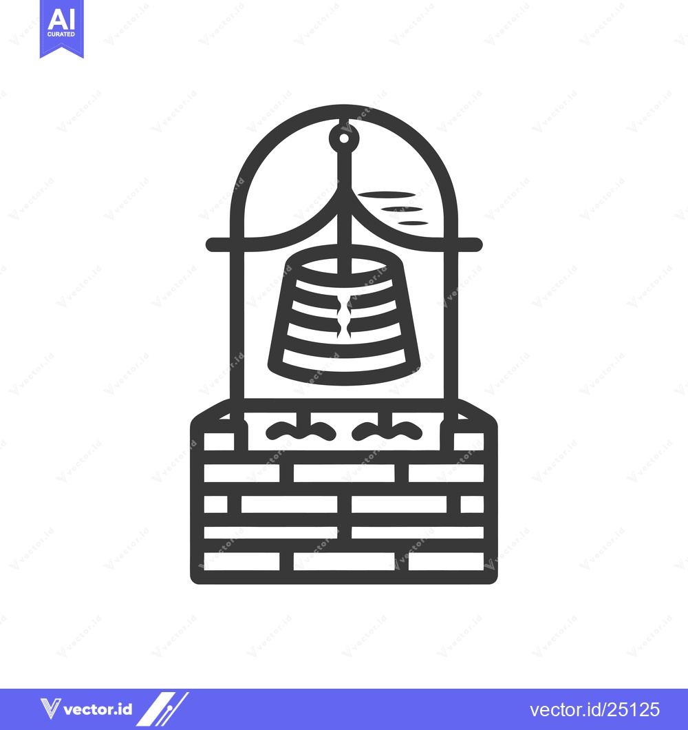 Premium Vector dari Black and white line art illustration of a well with a bucket