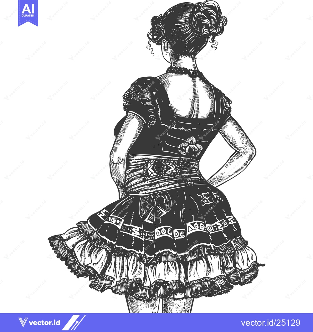 Premium Vector dari Black and White Line Art Illustration of a Woman in a Dress with Ruffl
