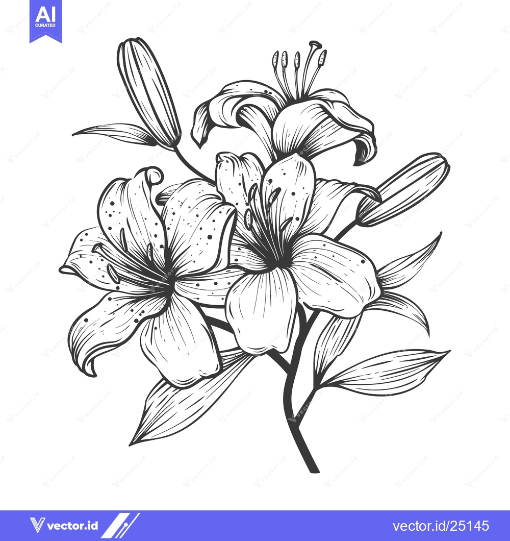 Premium Vector of Black and White Line Art Illustration of Lily Flowers