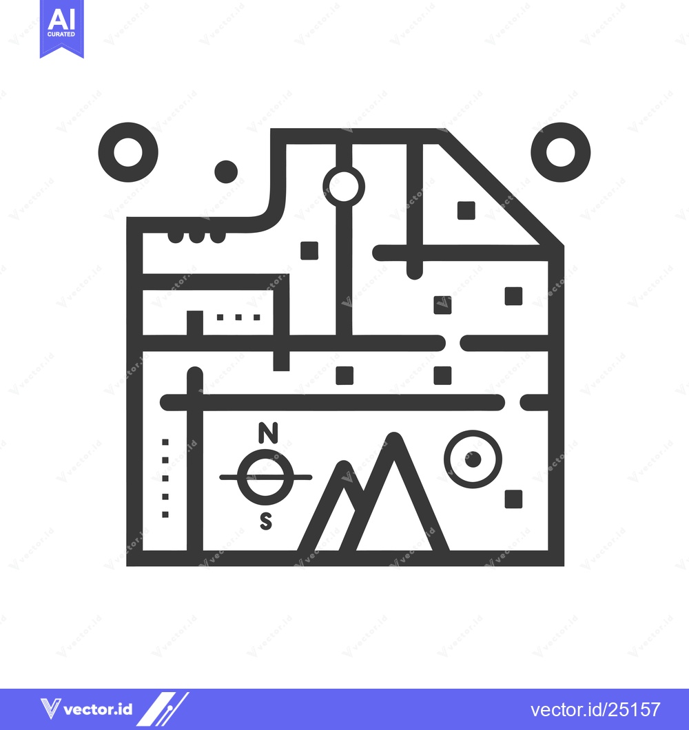 Premium Vector dari Black and White Line Art Map with Mountains, Compass, and City Feature