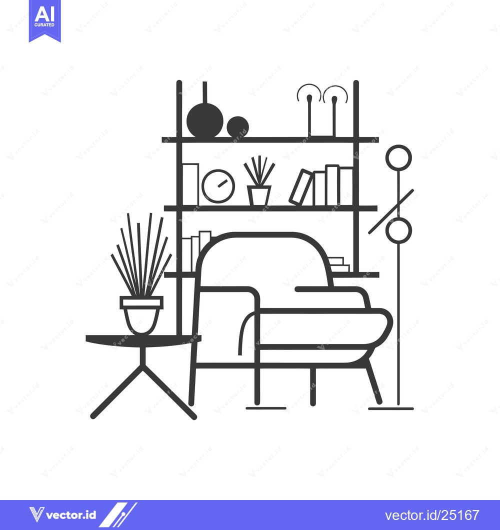 Premium Vector of Black and White Line Art of a Living Room with a Sofa, Shelf, and a Si