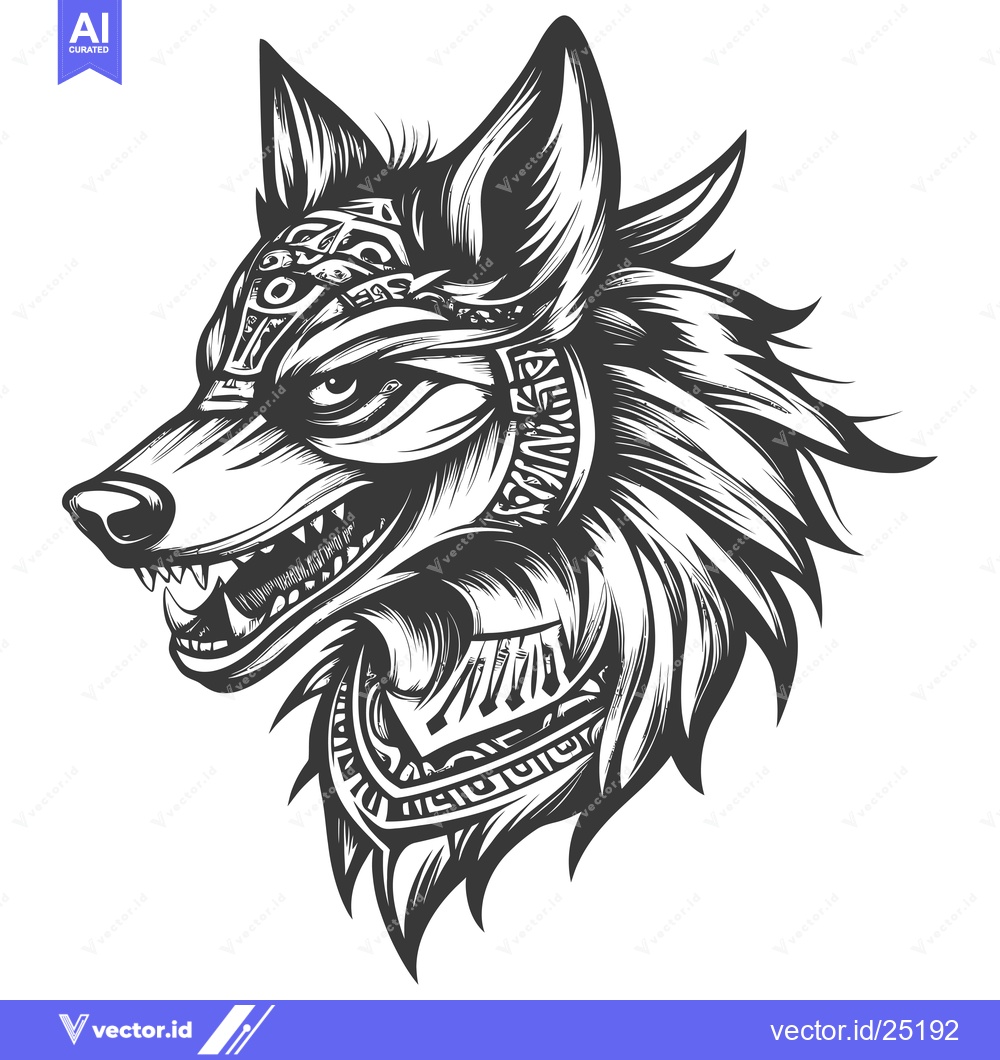 Premium Vector dari Black and White Line Art of a Wolf's Head with Geometric Patterns