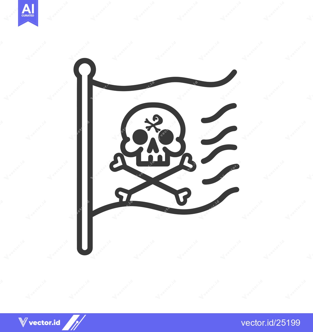 Premium Vector of Black and White Line Art Pirate Flag with Skull and Crossbones