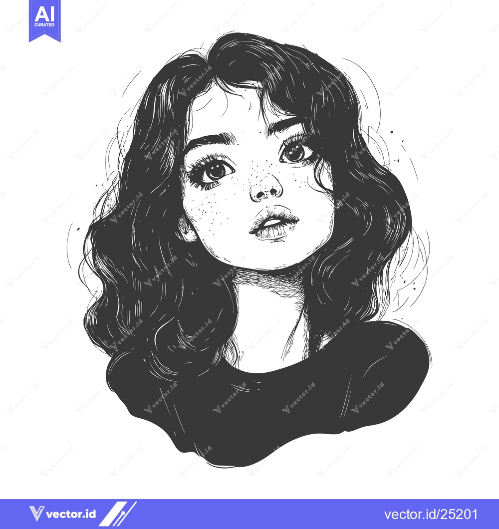 Premium Vector dari Black and White Line Art Portrait of a Woman with Freckles and Wavy Ha