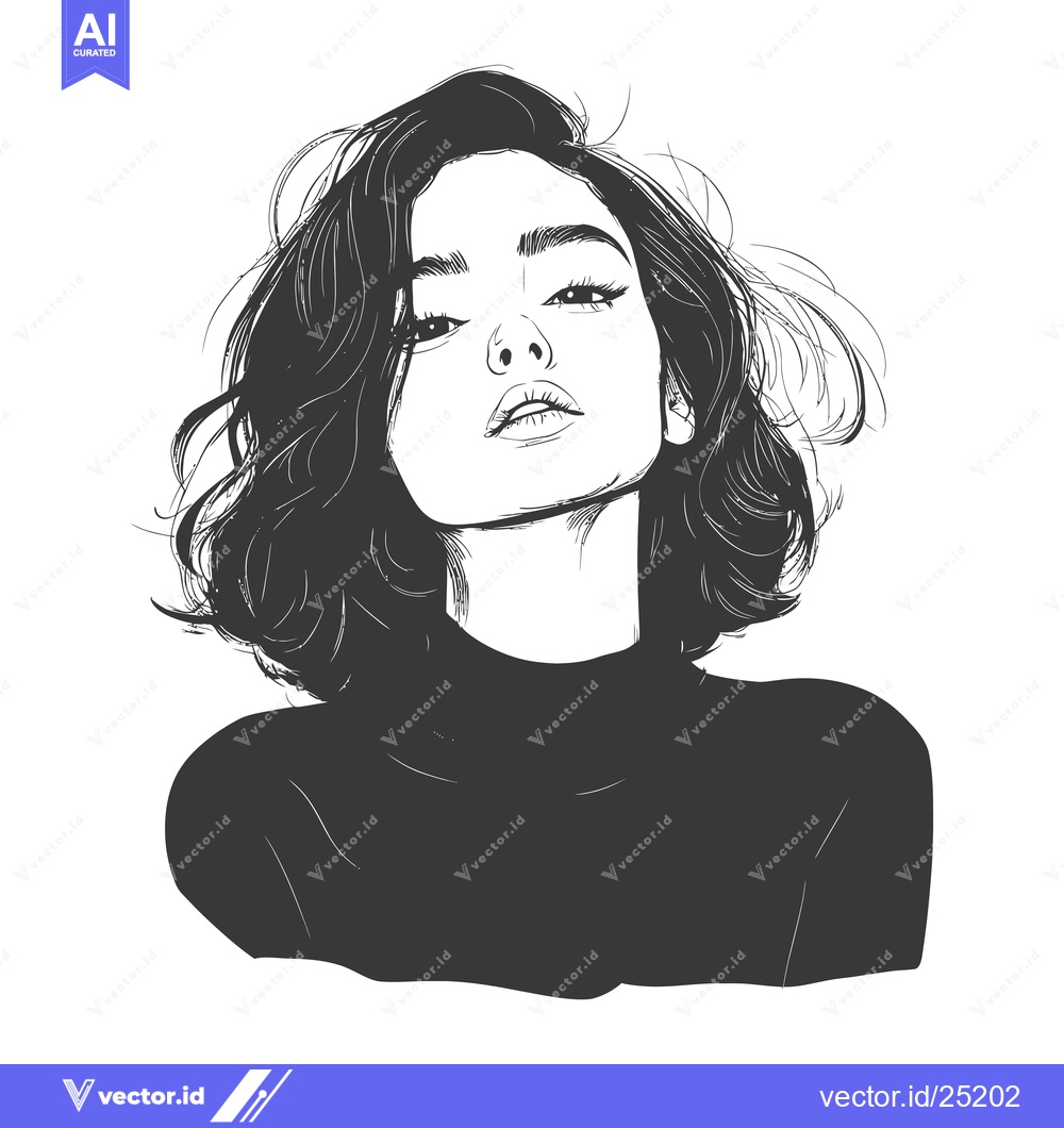 Premium Vector of Black and White Line Art Portrait of a Woman with Short Hair