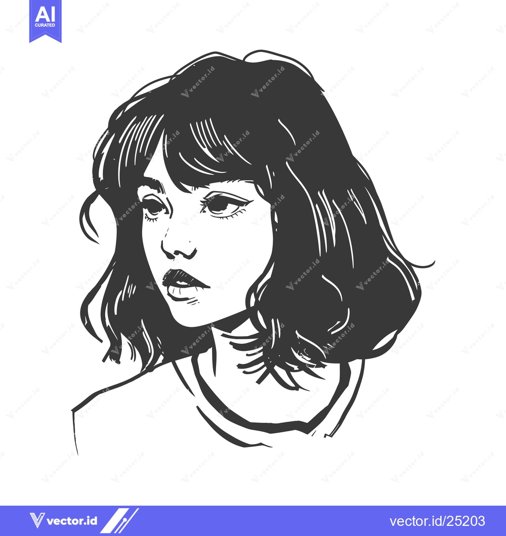 Premium Vector of Black and White Line Art Portrait of a Young Woman with Short Hair