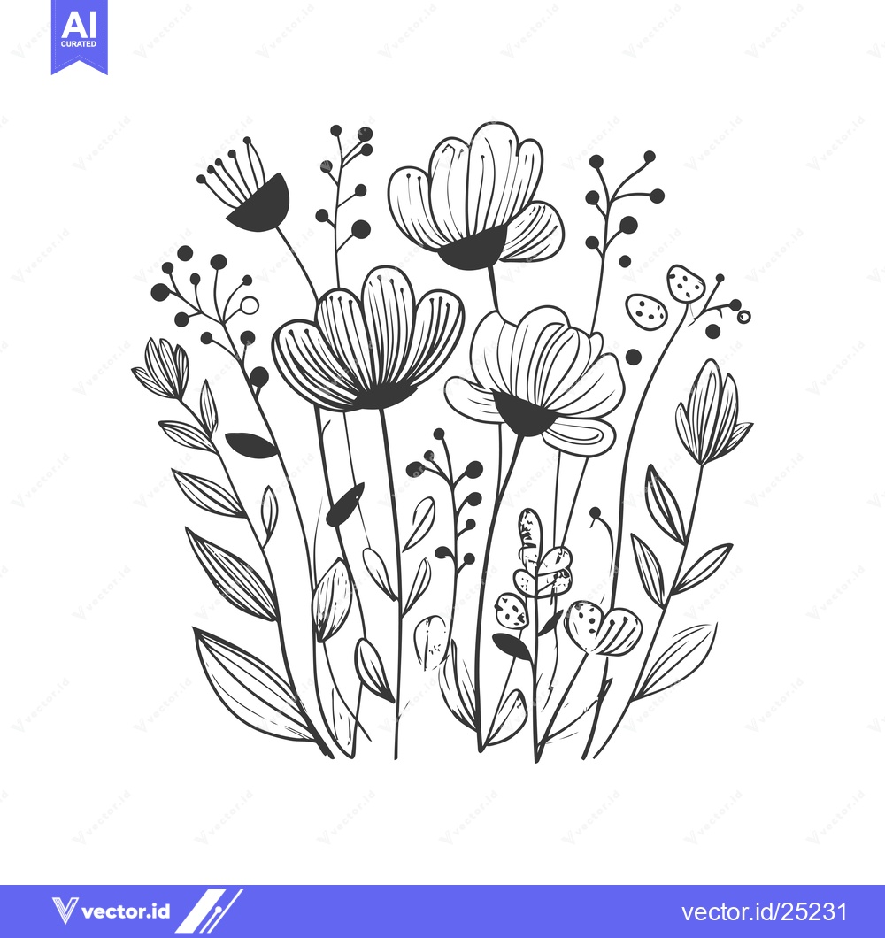 Premium Vector of Black and White Line Drawing of a Bouquet of Flowers