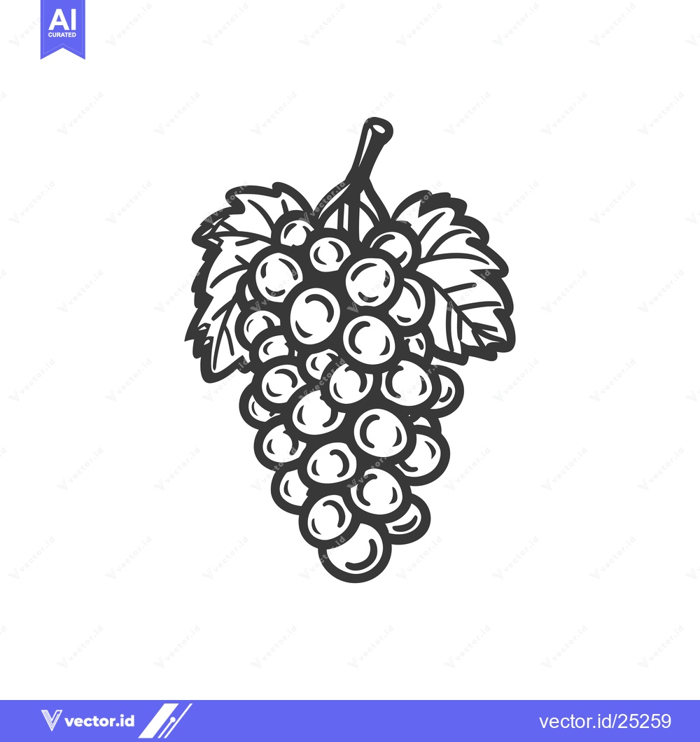 Premium Vector dari Black and White Line Drawing of a Bunch of Grapes with Leaves