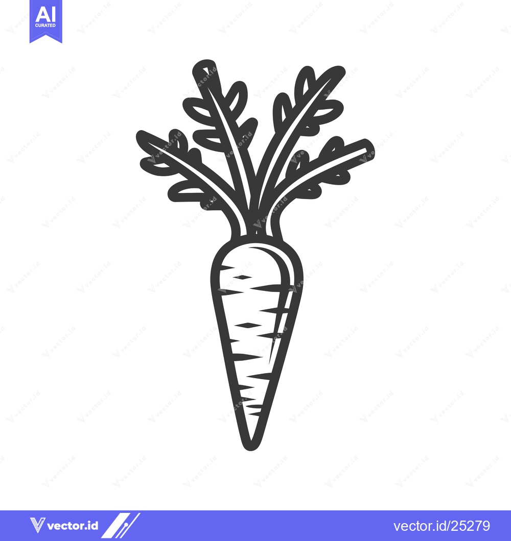 Premium Vector dari Black and White Line Drawing of a Carrot with Green Leaves
