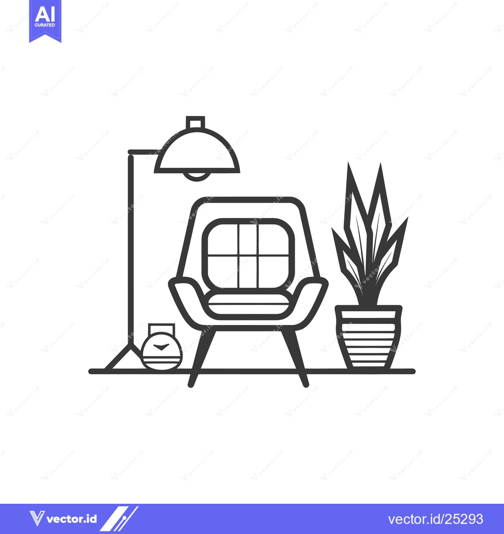 Premium Vector of Black and White Line Drawing of a Chair, Lamp, and Plant in a Room