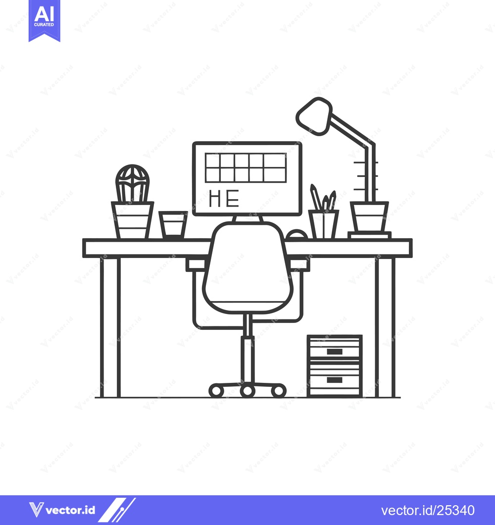 Premium Vector of Black and white line drawing of a desk with a computer, chair, and pla