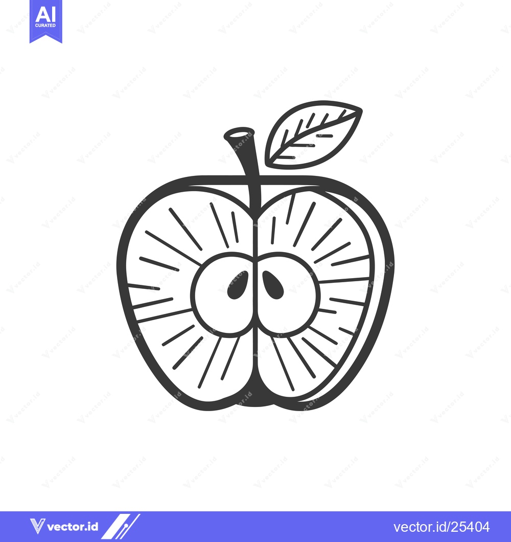 Premium Vector dari Black and White Line Drawing of a Halved Apple with a Leaf