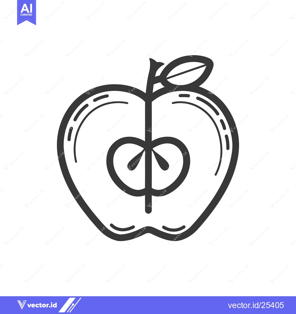 Premium Vector dari Black and White Line Drawing of a Halved Apple with a Stem and Leaf