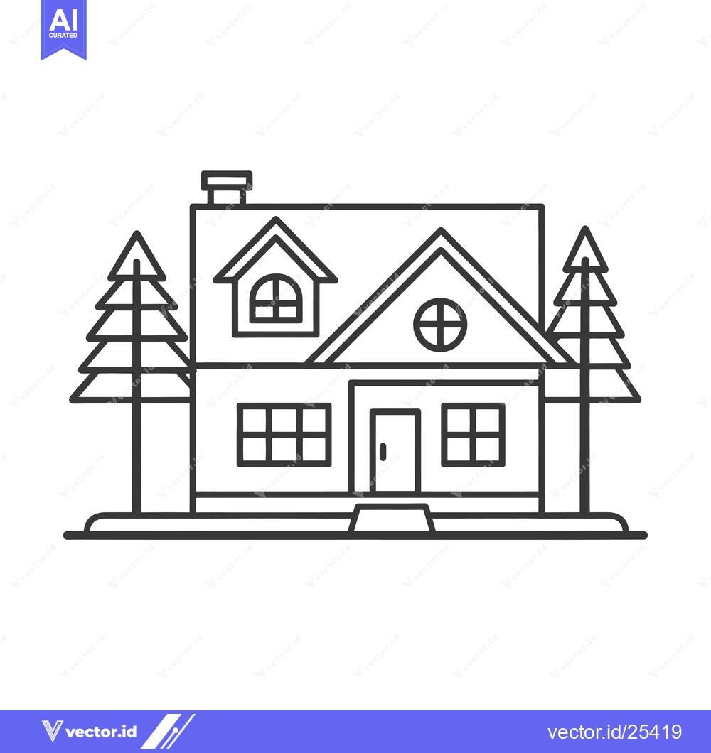 Premium Vector dari Black and White Line Drawing of a House with Two Trees