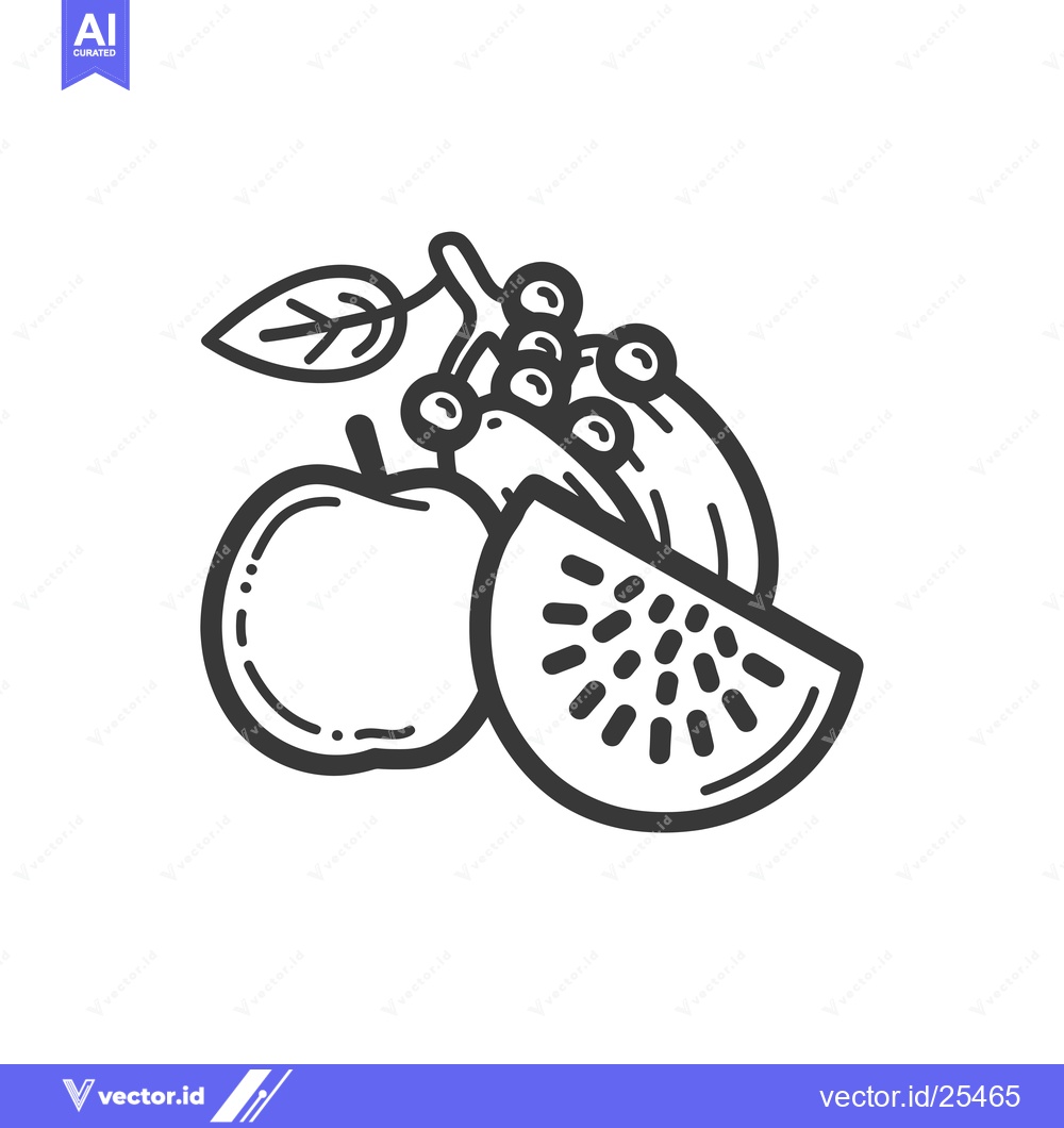 Premium Vector dari Black and White Line Drawing of an Apple, Watermelon Slice, and Berrie