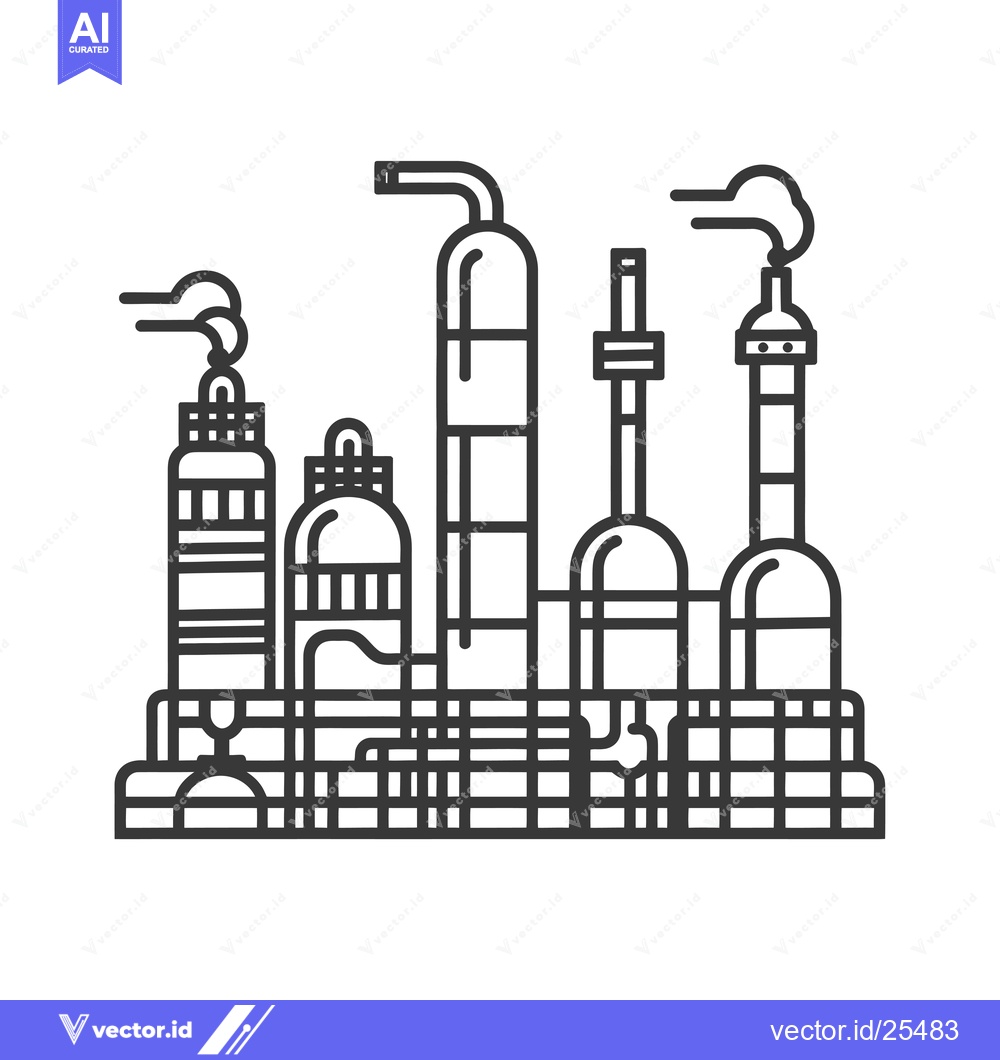 Premium Vector of Black and White Line Drawing of an Industrial Facility with Smoke Stac