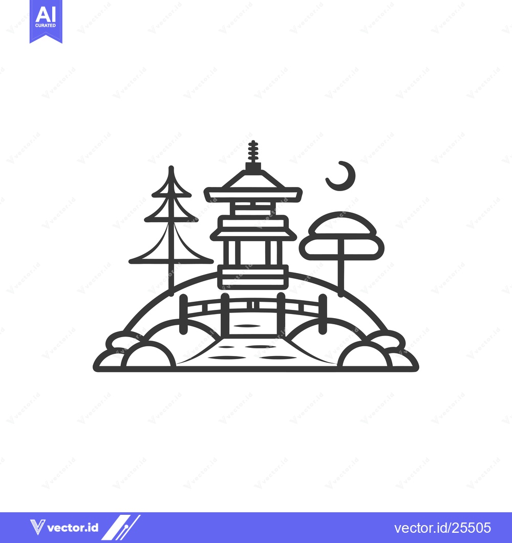 Premium Vector dari Black and White Line Drawing of a Pagoda, Bridge, and Trees