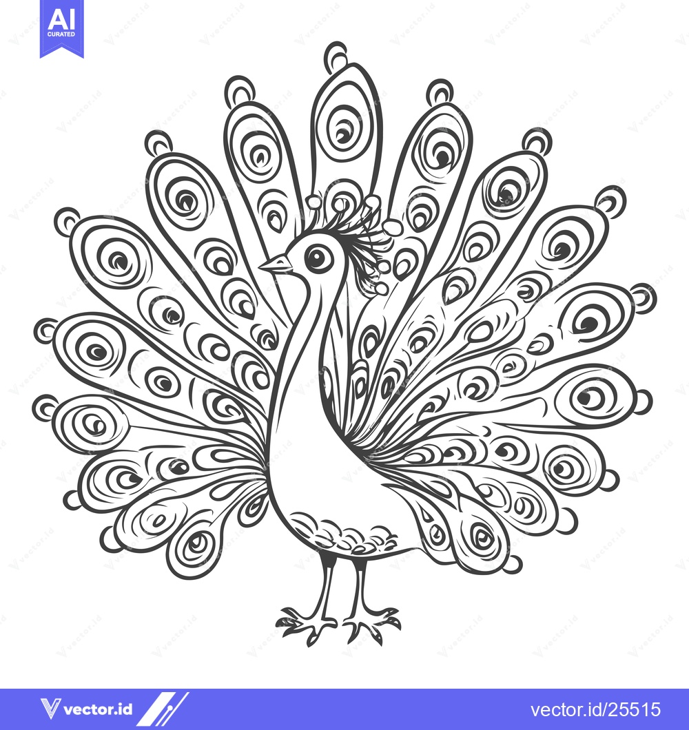 Premium Vector dari Black and White Line Drawing of a Peacock with Feathers Spread Out