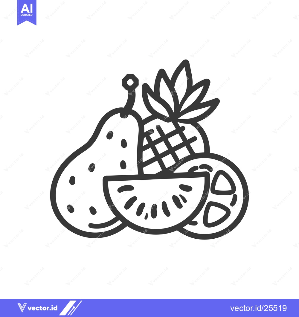 Premium Vector dari Black and white line drawing of a pear, pineapple, kiwi, and orange sl